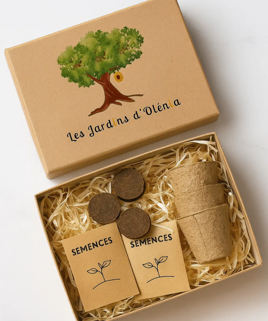 Visuel du kit découverte Les Jardins d'Olénia, contenant guide et sachets de graines, conçu pour faciliter l'accueil de la biodiversité au jardin.