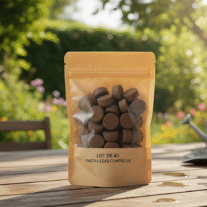 Lot de 40 pastilles de terreau compressé dans un sachet kraft posé sur une table en bois dans un jardin