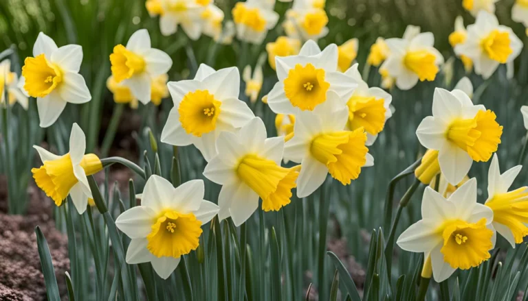 Massif de narcisses trompette jaunes et blancs en fleurs au printemps.