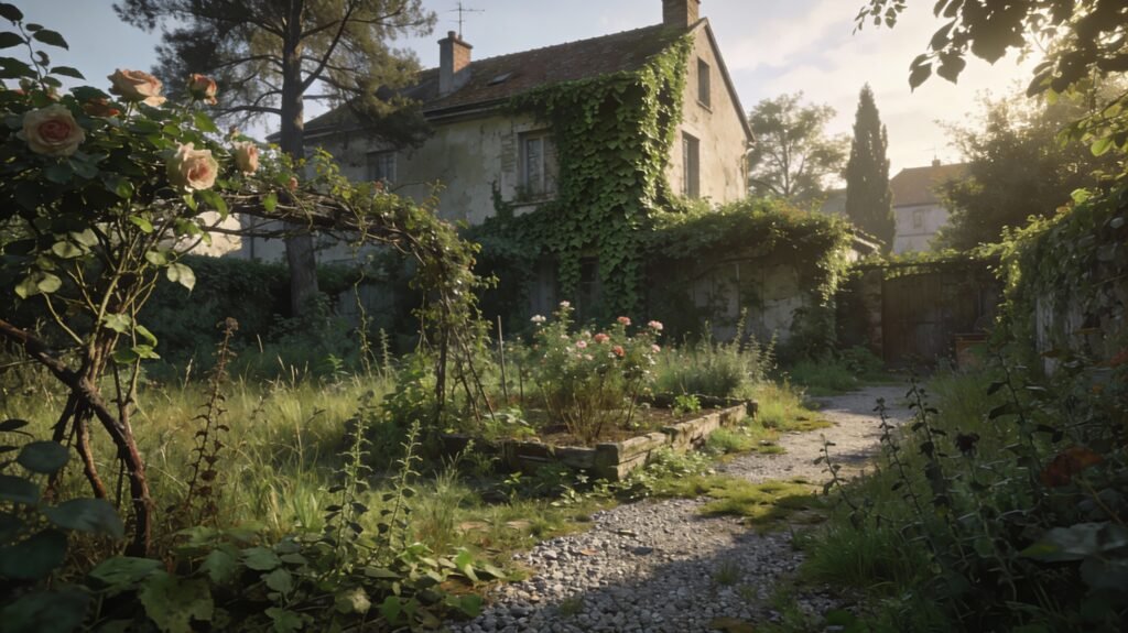 Jardin en friche avec herbes hautes, rosiers non taillés et végétation sauvage dans une maison de banlieue
