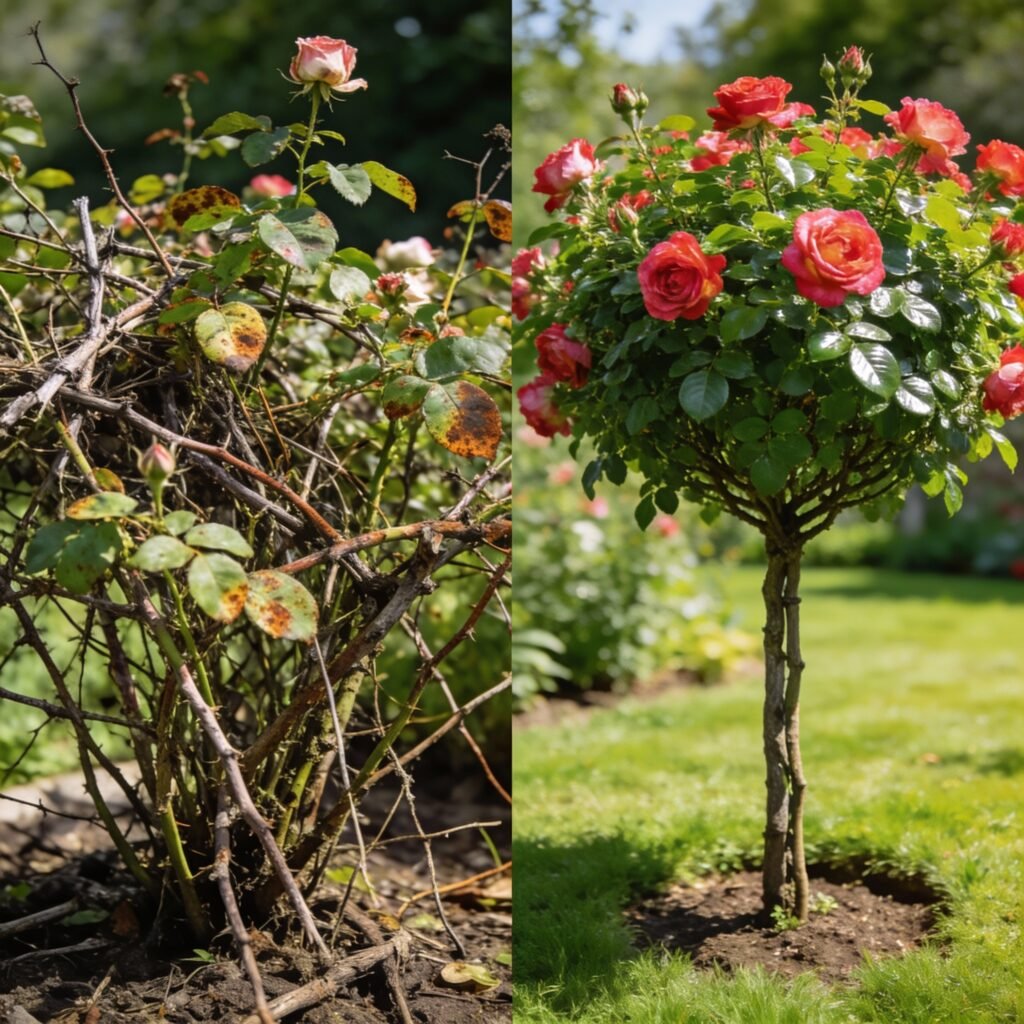Rosier grimpant montrant à gauche un pied bien entretenu avec un feuillage dense et des fleurs nombreuses, et à droite un rosier mal entretenu avec branches dégarnies et floraison clairsemée pour illustrer l’impact de l’entretien sur la santé du rosier.