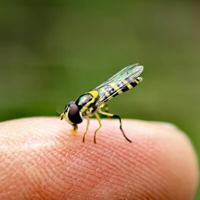 Syrphe, un insecte pollinisateur posé sur un doigt dans le jardin